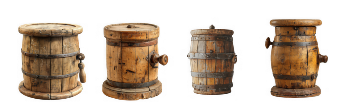 Four rustic miniature wooden barrels or kegs with metal bands and spigots, isolated on transparent background