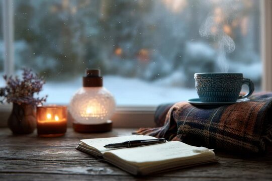 Cozy winter day with warm drink and handwritten notes