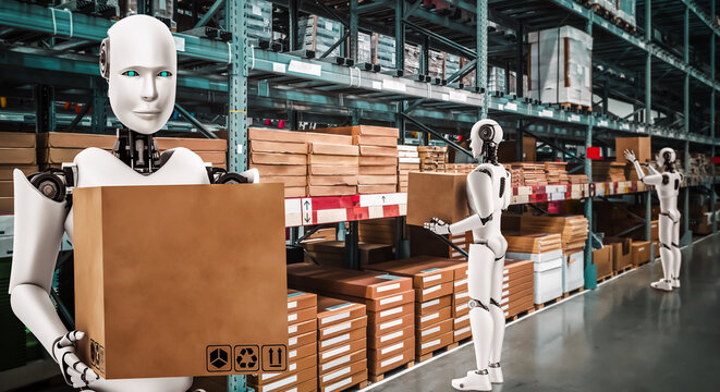 Innovative industry robot working in warehouse for human labor replacement . Concept of artificial intelligence for industrial revolution and automation manufacturing process .