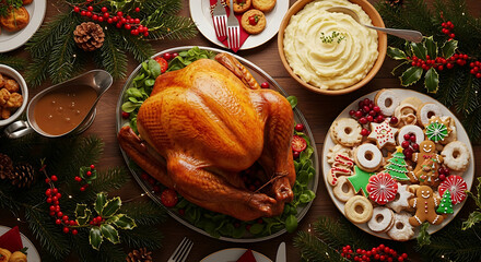Festive christmas dinner table with turkey desserts and decorations