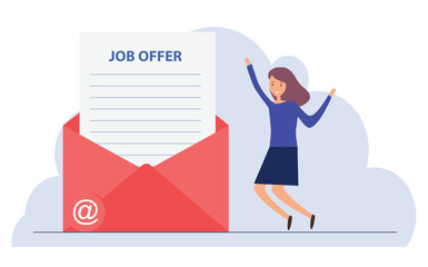 Job offer document in huge envelope. Happy female employee. Hiring new staff. Email with job invitation, letter after interview. Recruitment, work contract, agreement