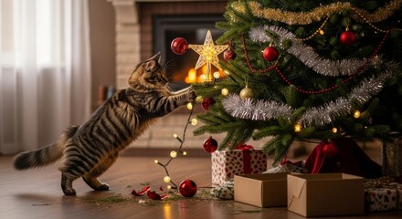 A naughty cat creates holiday havoc, toppling a fully decorated Christmas tree onto a pile of wrapped presents below.
