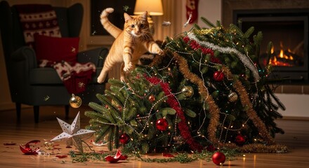 A naughty cat creates holiday havoc, toppling a fully decorated Christmas tree onto a pile of wrapped presents below.