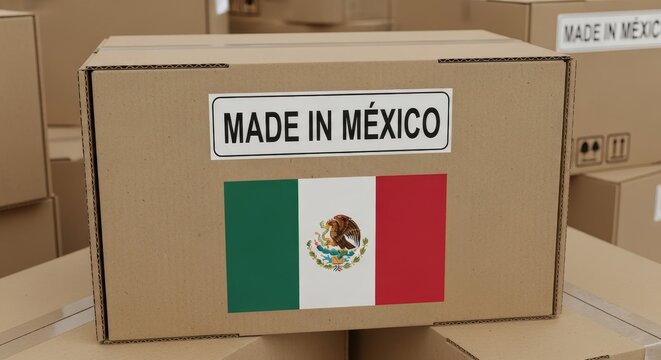 Stack of shipping parcels labeled to indicate production in Mexico.
