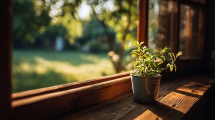 Indoor plant on window sill, sunny garden view, warm, inviting, homey feel