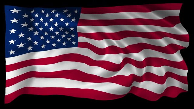 Realistic US flag waving in a seamless loop with alpha channel for overlays perfect for Independence Day, Veterans Day, Fourth of July, national celebrations, government events, and 4K compositing