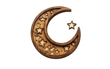 Wooden crescent moon and star representing Ramadan placed in a calm spiritual festive setting isolated on transparent background PNG
