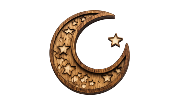 Wooden crescent moon and star representing Ramadan placed in a calm spiritual festive setting isolated on transparent background PNG