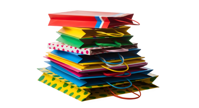 Stack of colorful shopping bags with various patterns and handles, isolated on transparent background