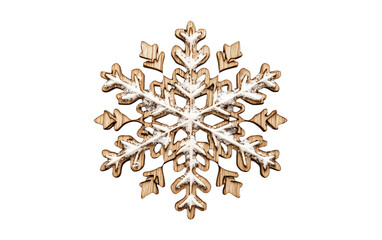Wooden snowflake decoration with rustic carved details for festive winter holiday ambiance isolated on transparent background PNG