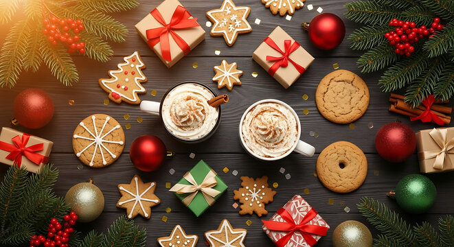 Festive christmas composition with gifts cookies and coffee on wood