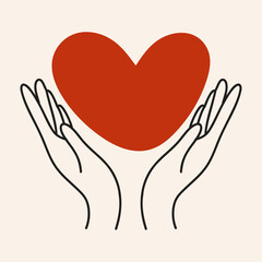 Valentine’s Day heart in hands  — minimalist line art hands holding  big red heart. Simple romantic design, love and care concept, modern linear style, warm soft background. 