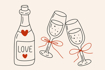 Valentine’s Day wine and champagne glasses — minimalist hand-drawn bottle with heart label and two clinking glasses tied with red bows. Cute romantic line art, simple holiday design for love themes.