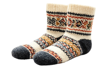 Close up of soft wool socks with traditional Nordic designs perfect for winter comfort isolated on transparent background PNG