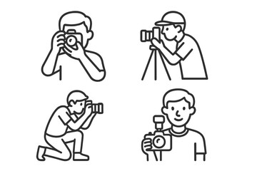 Photographers taking pictures with digital cameras and tripods, simple outline icons set