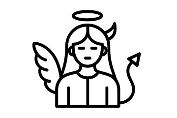 Black and white line art outline of a female figure symbolizing duality with angel and devil attributes