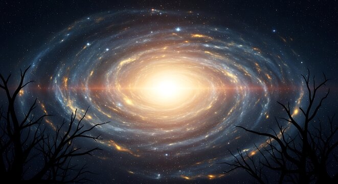 Swirling galaxy with bright core and silhouetted trees against starry sky space stars