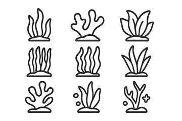 Set of nine simple outline icons depicting various types of underwater seaweed and aquatic plants © Mark