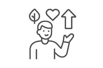 Smiling person surrounded by leaf, heart, and arrow symbols for positive values and self-improvement