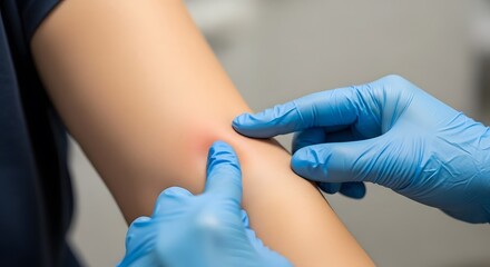 Examination of a skin infection on a patient's arm with gloved hands pressing on the affected area