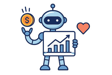 Friendly robot character presenting financial growth data and holding a shiny dollar coin