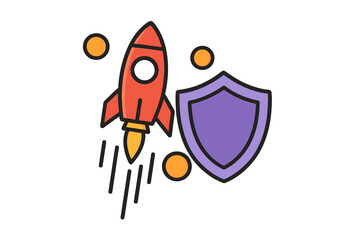 Stylized graphic representation of a red rocket launching rapidly alongside a protective purple shield symbolizing secure data transfer and