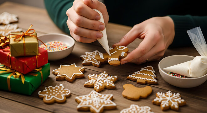 Decorating christmas gingerbread cookies with icing on a wooden table
