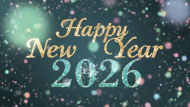 Golden happy new year 2026 lettering animation. Sparkling bokeh text effects on blue background for festive holiday greetings and digital celebrations.