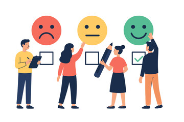 Group of people rating service quality using a visual feedback system with happy, neutral, and sad faces