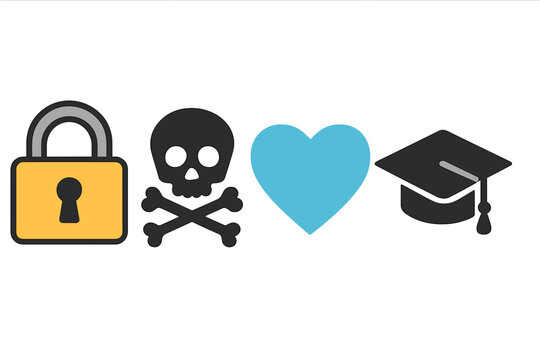 Padlock skull and crossbones heart and graduation cap symbols for security danger love and education