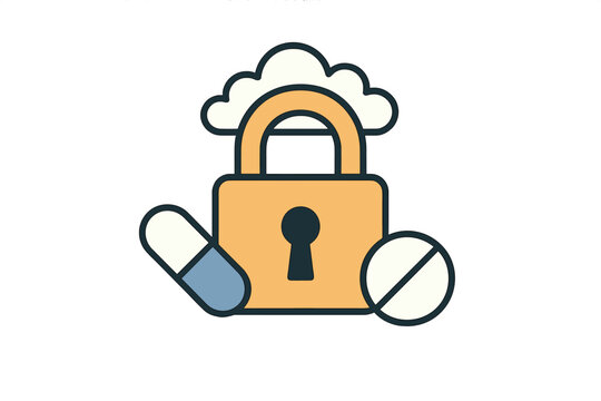 Cloud security padlock protecting medical data and restricted pharmaceutical access