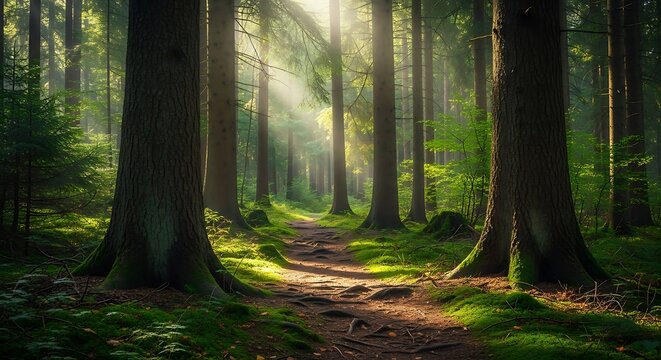 Sunlit forest path winding through mossy trees and green foliage sunlight - Powered by Adobe