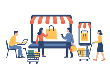 Customers interacting with online store on laptop and mobile phone screens for digital shopping