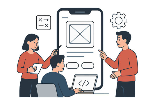 Developers and designers collaborating on user interface and experience design for mobile app