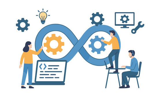 Continuous integration and delivery process represented by infinity loop and team collaboration