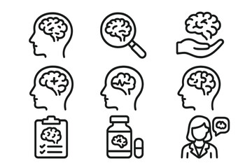 Mental health and neurology concepts including brain function, psychological care, diagnosis, and treatment
