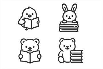 Cute cartoon animals reading books and studying: chick, rabbit, and teddy bears