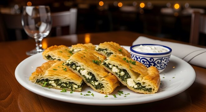 Spanakopita slices arranged on a white plate with tzatziki sauce and a wine glass nearby - Powered by Adobe