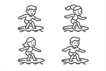 Outline icons collection showing young boys and girls riding surfboards on large ocean waves