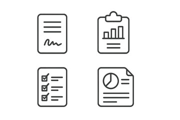 Four business document icons: signed contract, bar chart report, checklist, and pie chart analysis