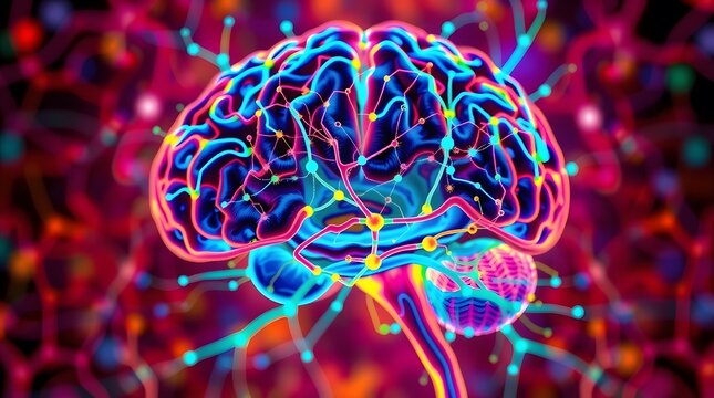 A vibrant and colorful depiction of a human brain with connected neural pathways and glowing elements - Powered by Adobe