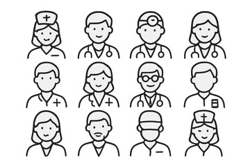 Set of diverse healthcare professionals and medical staff avatar icons in simple outline style