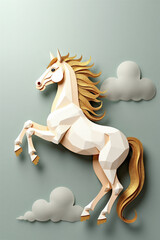 White paper horse sculpture in geometric low poly style rearing up with golden mane. 3D origami craft art with dimensional layers and clouds creates elegant modern design.