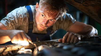 A young mechanic is focused on repairing a car engine in a workshop. The warm light highlights his concentration as he uses tools late in the evening to fix the vehicle