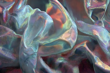 A mesmerizing abstract composition of iridescent, flowing mesh fabric, shimmering with a vibrant spectrum of holographic colors and dynamic light.