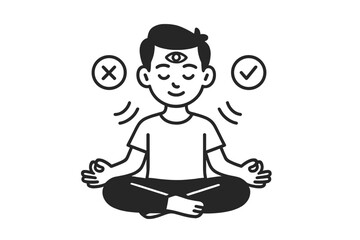 Person meditating with third eye symbol choosing between right and wrong represented by checkmark and cross symbols