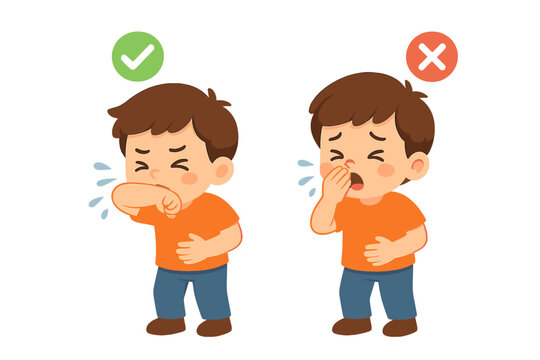 Young boy demonstrating proper cough and sneeze etiquette covering mouth with elbow