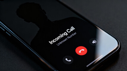A smartphone displays an incoming call screen showing an unknown number. The background is dark, with a silhouette visible, emphasizing the mystery of the caller