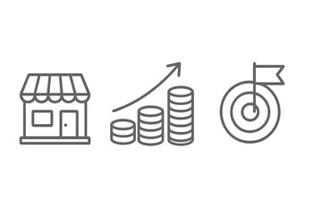 Essential business strategy concepts featuring storefront, financial growth chart, and target achievement
