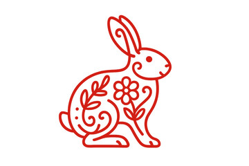 Stylized red outline rabbit sitting with decorative floral and swirling patterns for holiday design